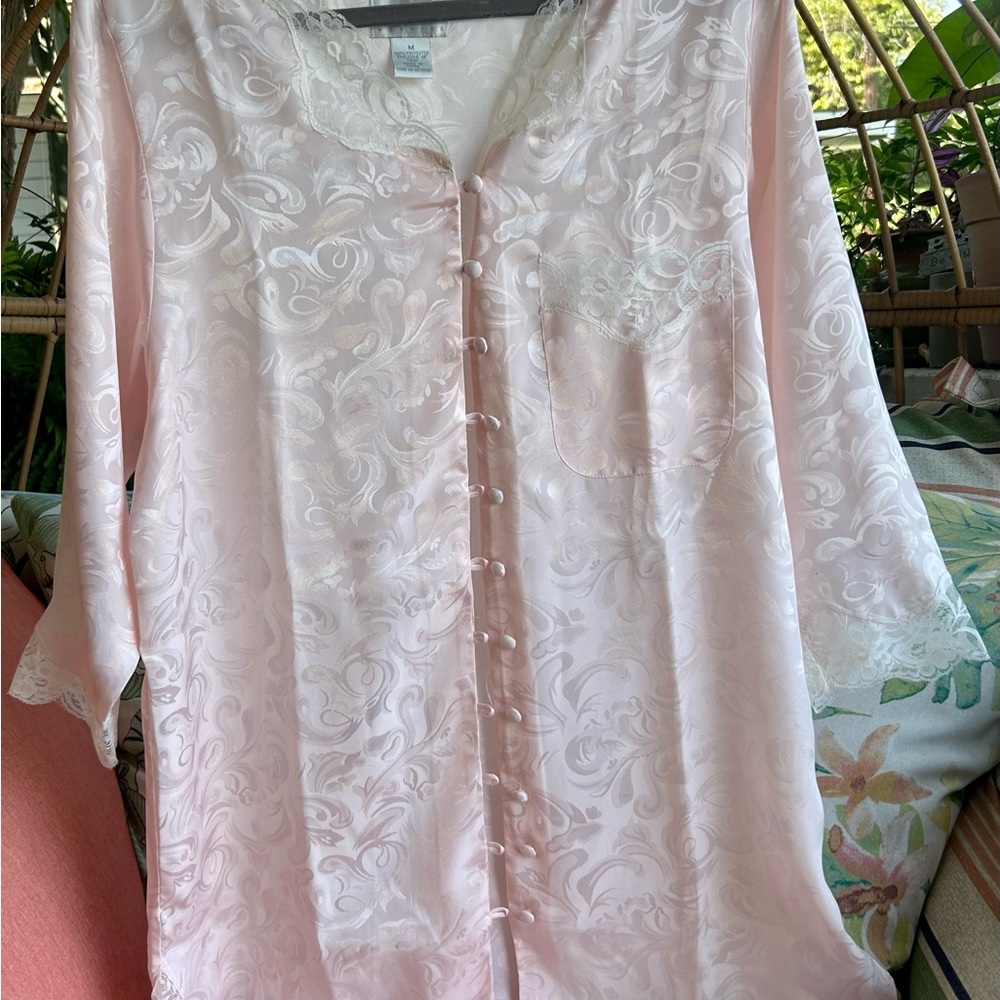 Vintage NEW Partners Mervyns Button Up Nightgown Lace Paisley Silky Size M